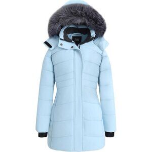 Women's Waterproof Winter Puffer Jacket Coat Blue Long Faux Detachable Hood